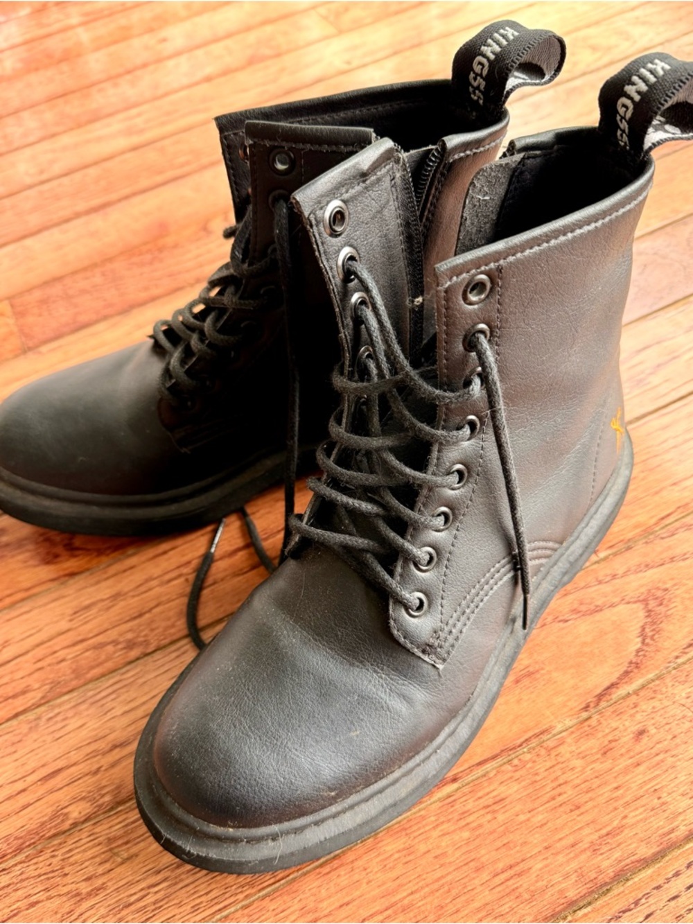 King55 Black vegan Boots with Skull Pull Tabs